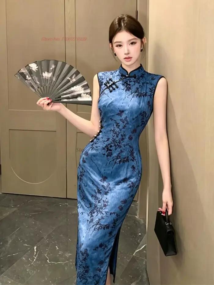 Robe de soirée orientale sexy 2026, style cheongsam amélioré, imprimé fleurs nationales, sans manche