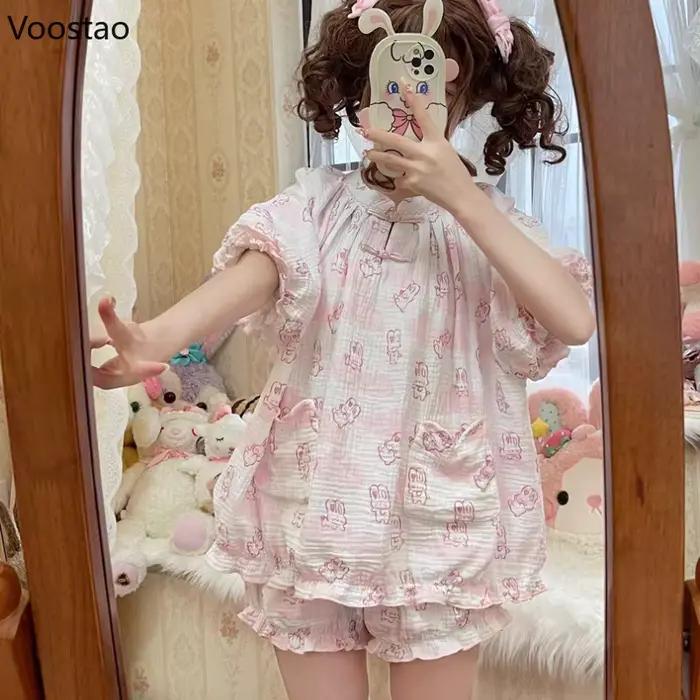 Kawaii Lolita Style lapin imprimé pyjamas ensemble Girly mignon à manches courtes hauts Shorts costu