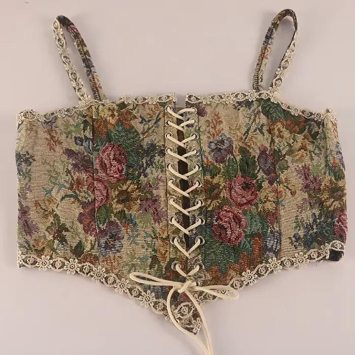 Mignon Vintage Floral Jacquard Corset broderie haut bustier rétro arête de poisson à lacets Corset R