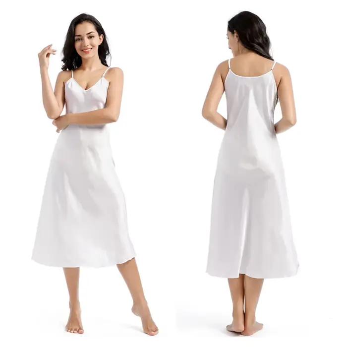 Chemise de nuit en soie pour femmes, longue, en Satin, bretelles Spaghetti, Chemise soyeuse, col en 