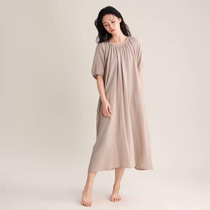 Chemise de nuit mi-longue à col rond pour femmes, chemise de nuit en coton, pull à manches courtes, 