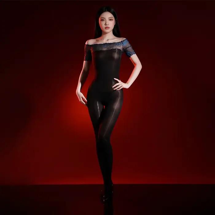 Combinaison ultra-fine en dentelle sexy, une pièce, couvrante, transparente, en soie noire brillante