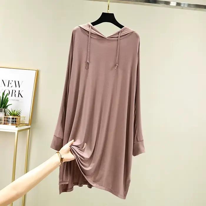Robe de nuit à capuche pour femmes, manches longues, ample, vêtements de nuit courts, chemise de nui