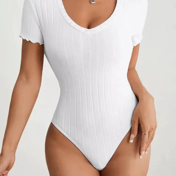 Combinaison en tricot côtelé pour femme, col en V profond, manches courtes, poignets à volants, coup