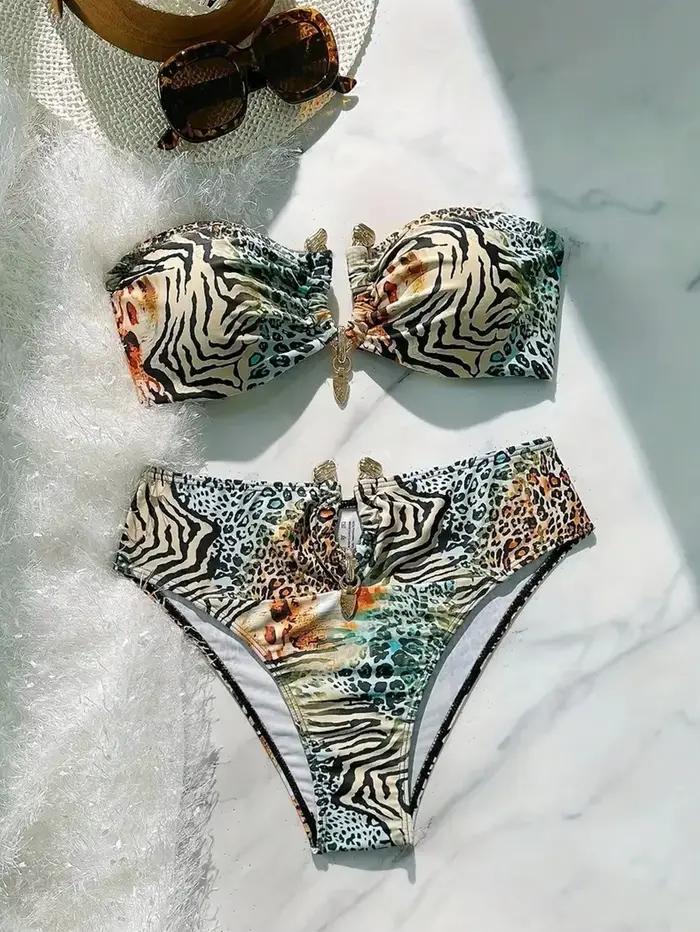Sexy Bandeau Bikini 2026 femmes métal V fil zèbre tigre imprimé Push Up taille haute maillot de bain