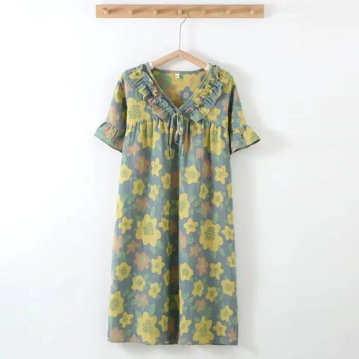 Peignoir en flanelle pour femmes, chemise de nuit en coton, manches courtes, couleur tissée, Jacquar