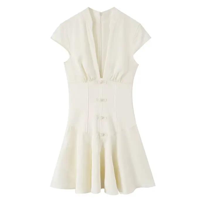 YENKYE Robe mini jacquard style Cheongsam pour femme, col en V profond, manches courtes, boutons sur