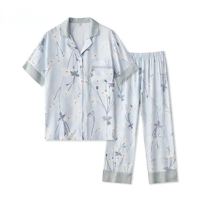 Pyjama en Satin à manches courtes, pantalon, vêtements de maison, col rabattu, imprimé Viscose, ense