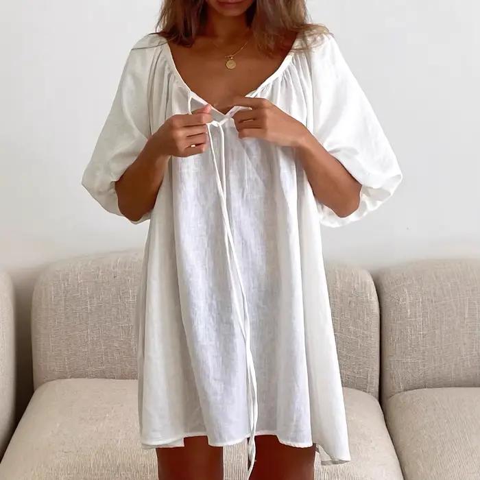 Robe de nuit d'été blanche 2026 pour femme, décontractée, 100 % coton, ample, respirante, confortabl