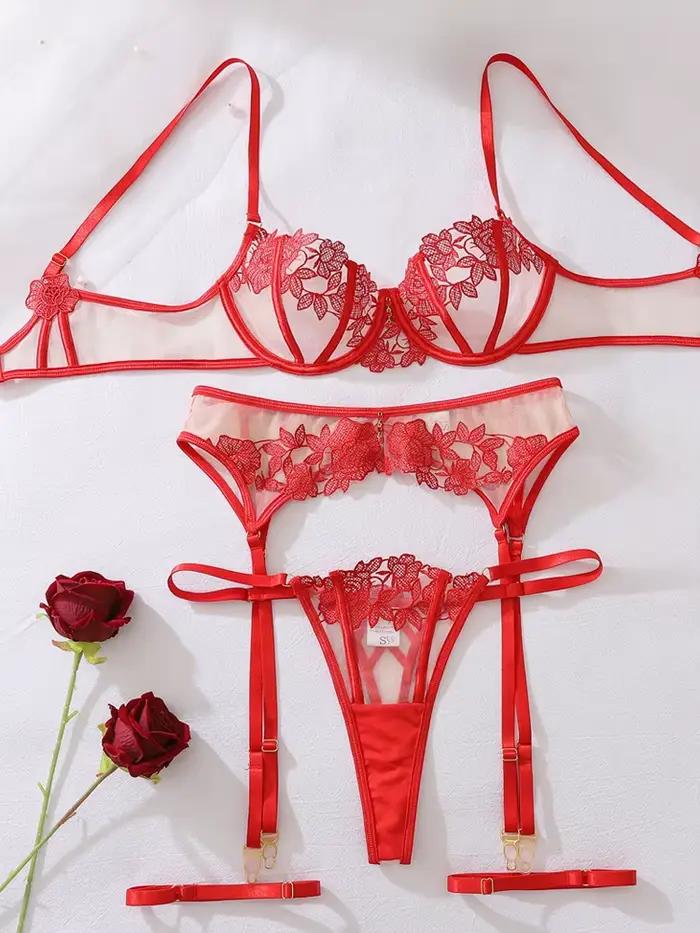 Ensemble de lingerie féminine Belamimi, soutien-gorge en maille brodée, porte-jarretelles, sous-vête