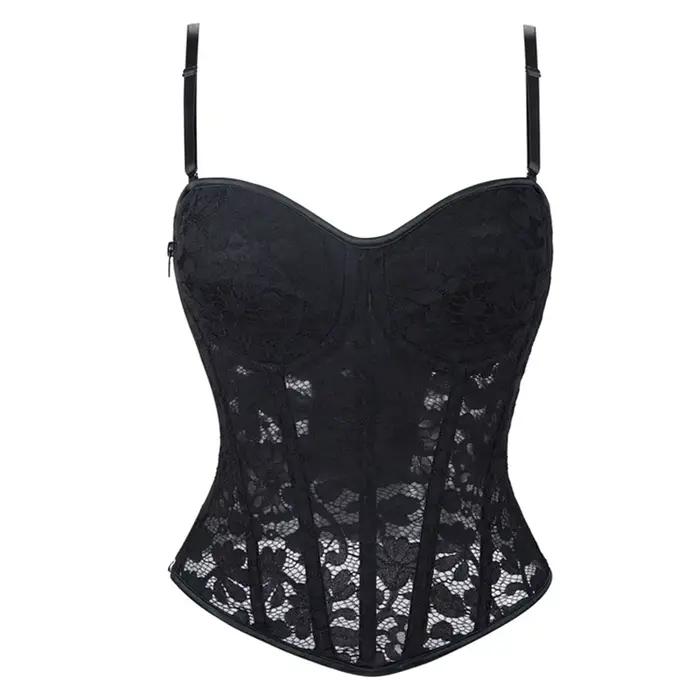Femmes dentelle florale haut Corset Sexy noir maille Transparent soutien-gorge côté Zip Bustier gile