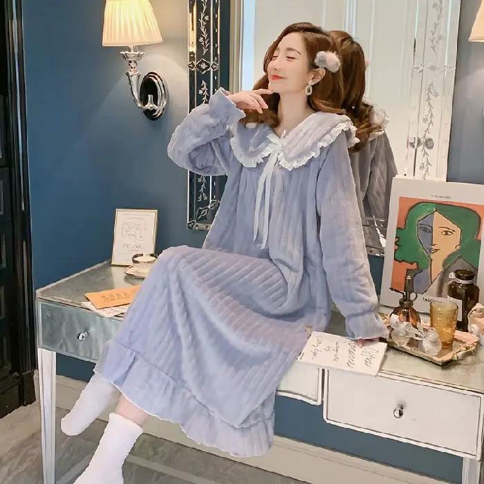 Vêtements de nuit pour femmes chemise de nuit flanelle épaissie couleur unie chemise de nuit col de 