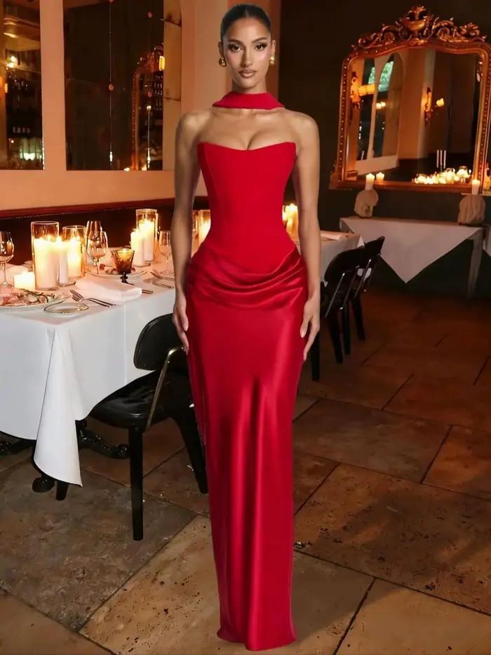 Robe longue moulante sexy sans bretelles pour femme, drapée, en satin, avec dos lacé, élégante, pour