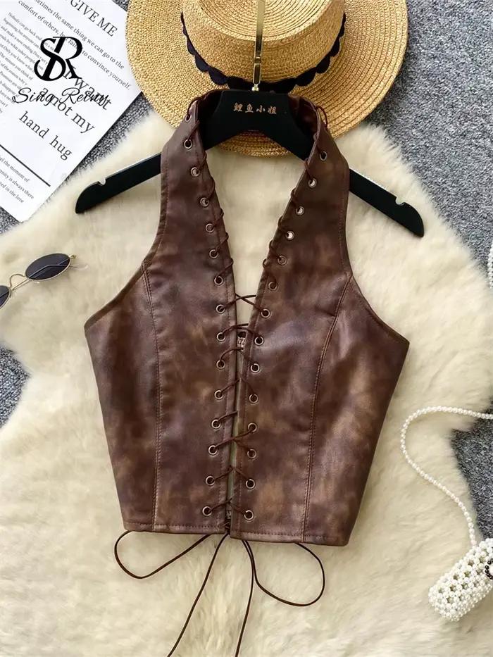SINGREINY PU cuir Sexy Club Camisole mode évider à lacets mince débardeur sans manches dos nu Ins ép