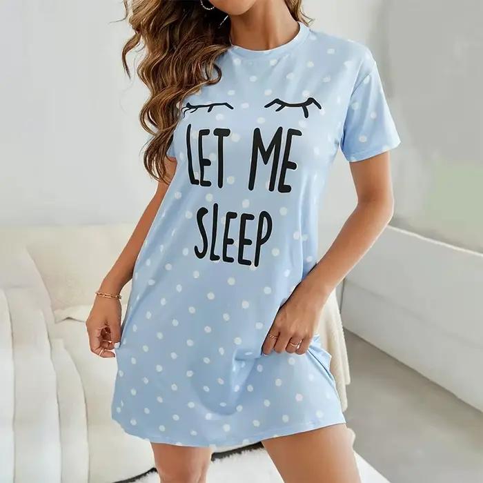 Chemise de nuit en soie de lait pour femmes, imprimé de lettres à pois, doux et respirant, vêtements