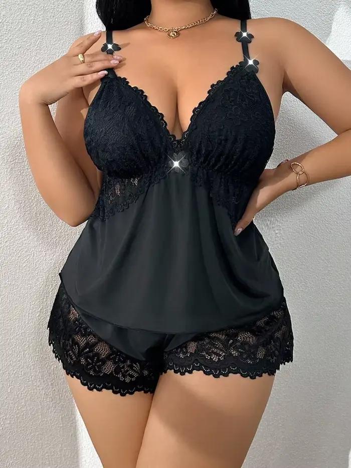 Ensemble de lingerie en dentelle pour femmes grandes tailles, noir rose, 2 pièces, haut et short de 