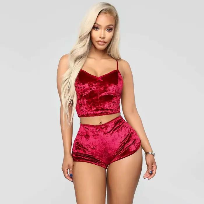 Ensemble de pyjamas en velours pour femmes, vêtements de nuit en satin rose et rouge, robe de nuit, 