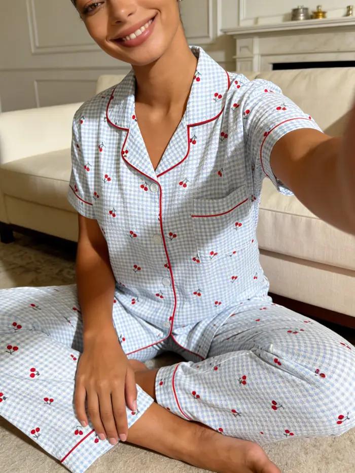 Pyjama femme, col boutonné, manches courtes, pantalon long, ensemble 2 pièces, printemps été, motif 