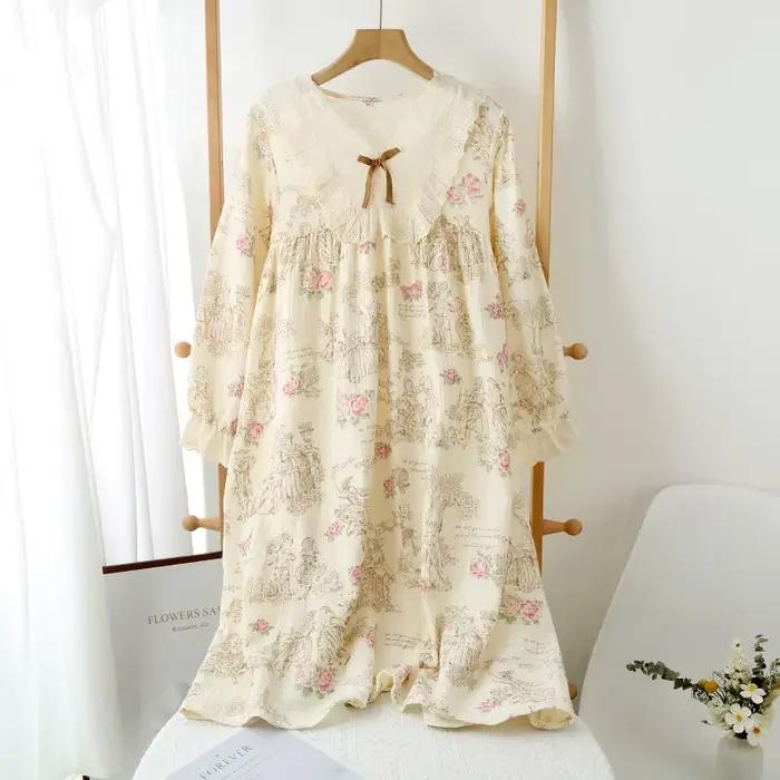 Chemises de nuit pour femmes, printemps automne, col en V, imprimé floral, robe de nuit longue, styl
