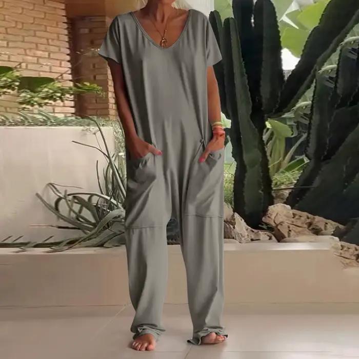 Combinaison à Manches Courtes pour Femme, Vêtement Décontracté, Confortable, avec Poches, Tendance