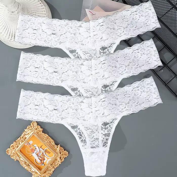 Lot de 3 Culottes Fines en Dentelle Florale pour Femme, Taille Basse, Respirantes, Strings Féminins,