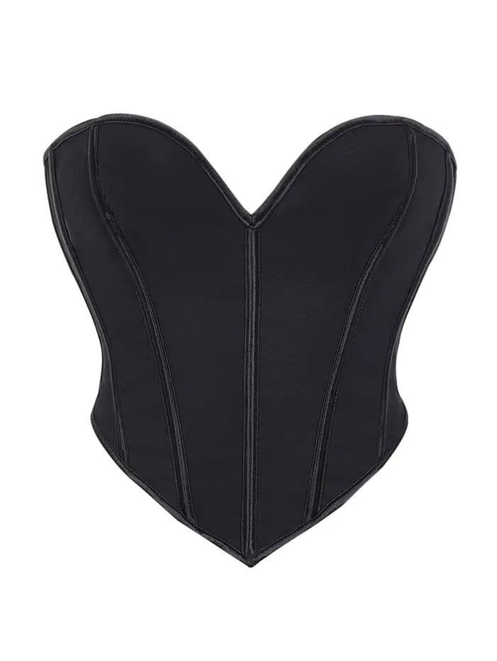 Corset minimaliste en tissu mesh noir avec une sangle dorsale pour une taille cintrée et sans bretel