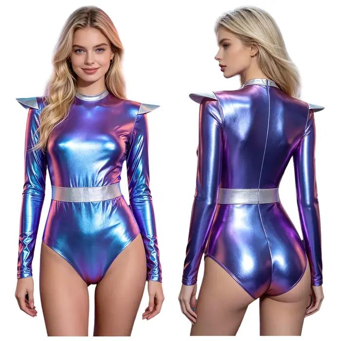 Combinaison scintillante métallisée pour femme, tenue de soirée, festival, club, avec paillettes, ma