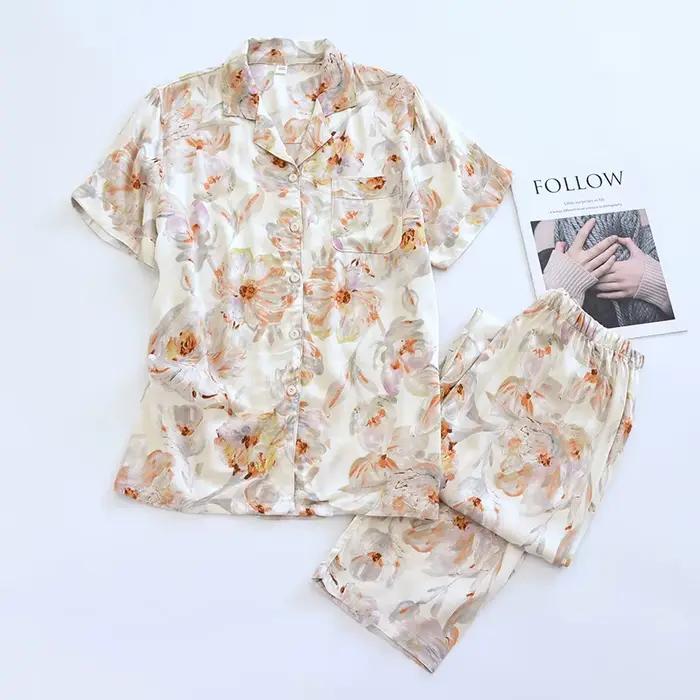 Ensemble pyjama d'été en coton et Viscose pour femmes, décontracté, ample, vêtements de maison, manc