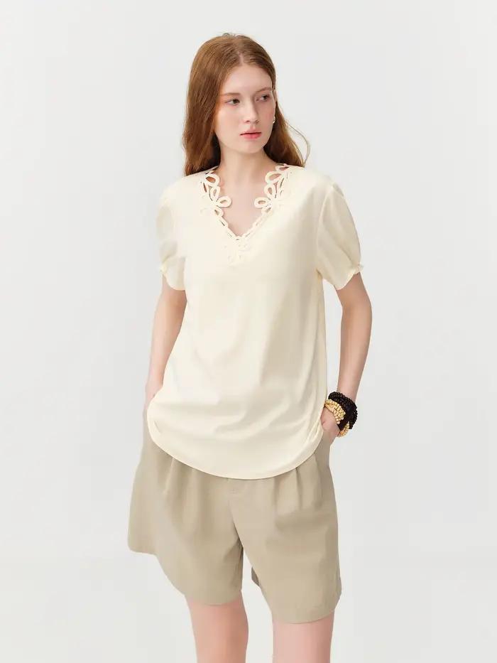 FSLE 2026 Blouse d'été pour femme à col en V français et manches bouffantes, haut de bureau brodé à 