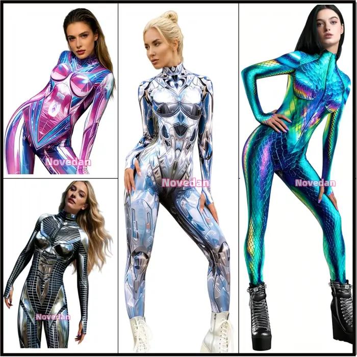 Combinaison sexy pour femme, style cyberpunk futuriste, armure mécanique, imprimé sirène, costume de cosplay fantaisie pour Halloween