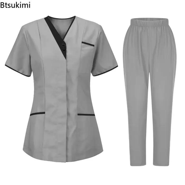 Nouveaux ensembles infirmiers 2026 – T-shirt d'été pour femme à col en V et boutons – Uniforme de travail pour infirmière – T-shirt médical pour hôpital et médecin
