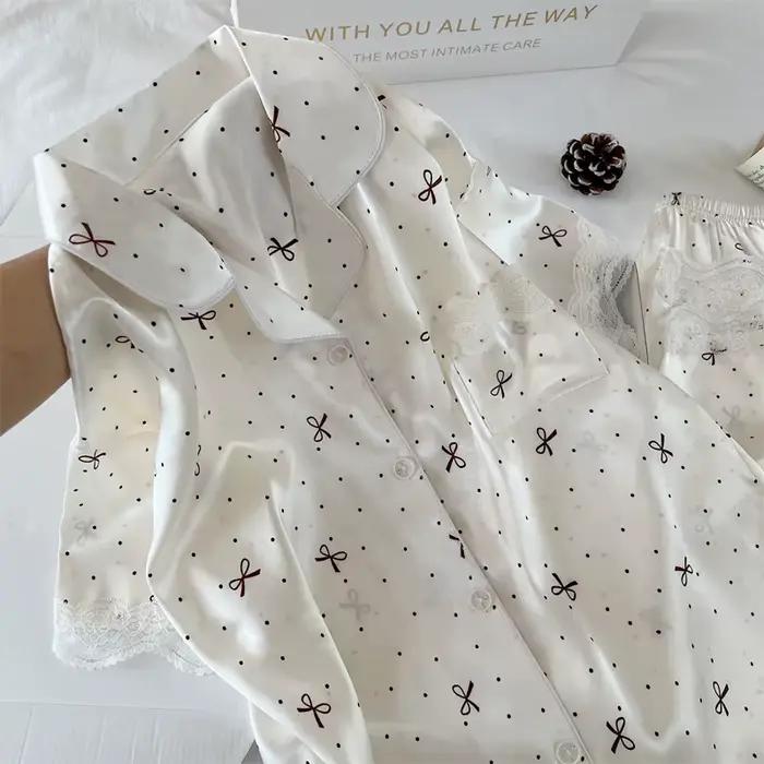 Nouveau Style coréen élégant jeunes dames pyjamas été nouveauté à manches courtes à pois nœud glace soie pyjama