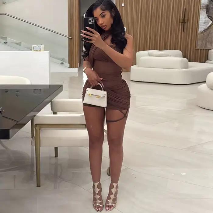 Robes Sexy discothèque porter maille voir à travers Bandage Tube Mini robe femme dos nu licou sans manches moulante robe courte