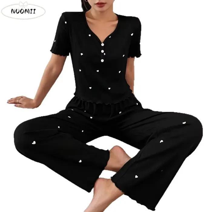 Ensemble de pyjama doux à manches courtes, motif cœurs et rayures, avec col en V à volants, pour la nuit