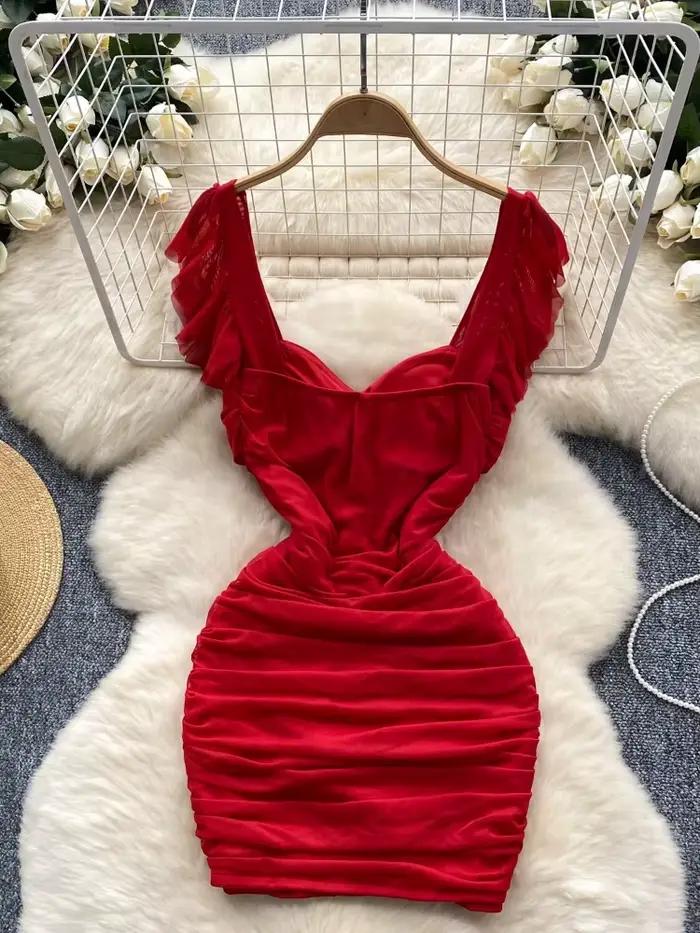 Foamlina robe de soirée Club femmes 2025 mode d'été solide col en V manches volantes taille haute plissée maille
