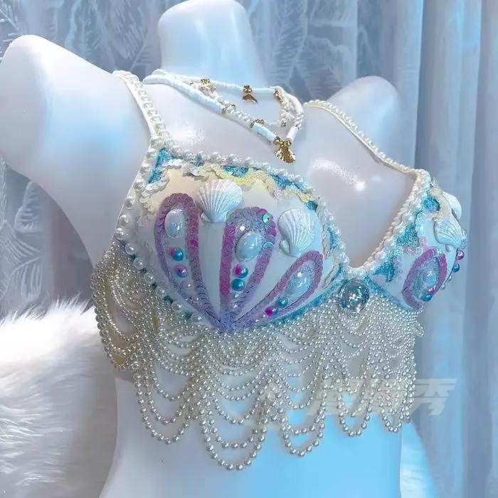 customized sparkling iridescent sequin shell bra pearl chain tassel pool party bra beach vacation pearl jacket belly dance bras