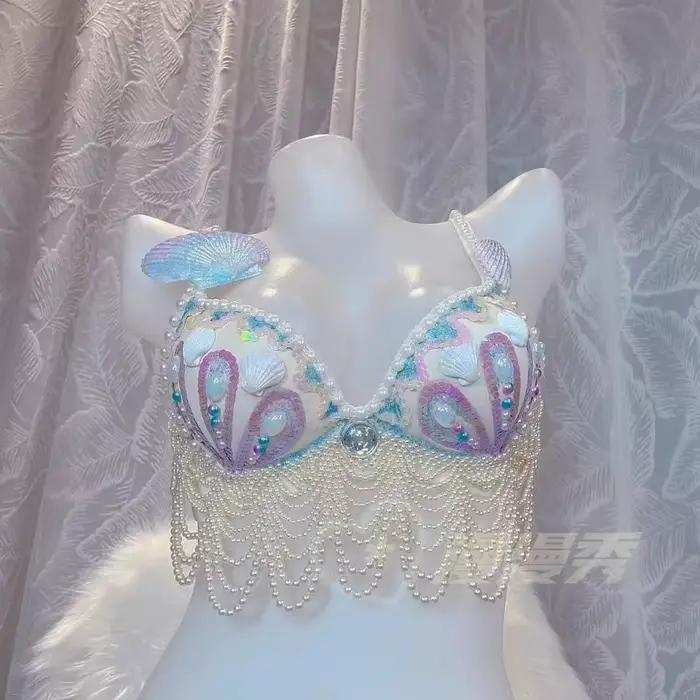 customized sparkling iridescent sequin shell bra pearl chain tassel pool party bra beach vacation pearl jacket belly dance bras