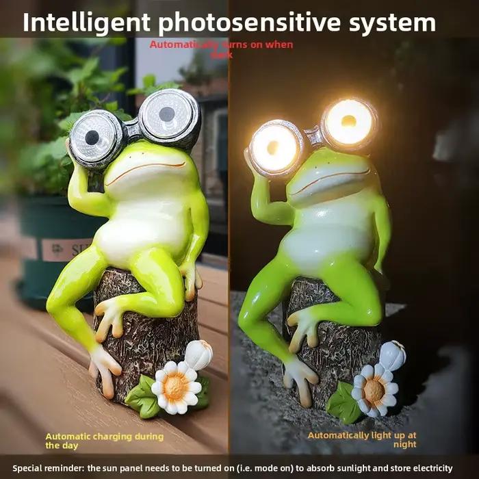 Veilleuse solaire grenouille, Animal mignon, décoration extérieure de jardin, ornement artisanal en résine étanche avec LED à énergie solaire pour cour et Patio