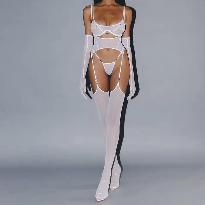 Ensemble de lingerie féminine sensuelle et sexy 5 pièces en maille transparente