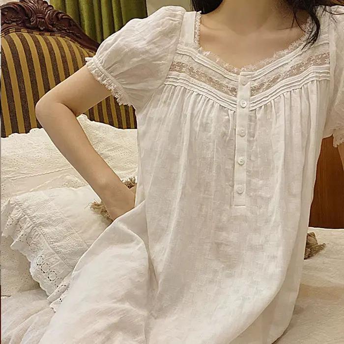 Robe de nuit longue blanche 100 % coton pur à manches courtes pour femme