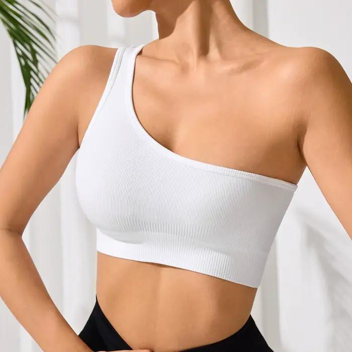WANAYOU Soutien-gorge de yoga asymétrique à une épaule, sans couture, côtelé, coupe ajustée, pour le sport et l'entraînement en salle de sport, sans rembourrage, séchage rapide