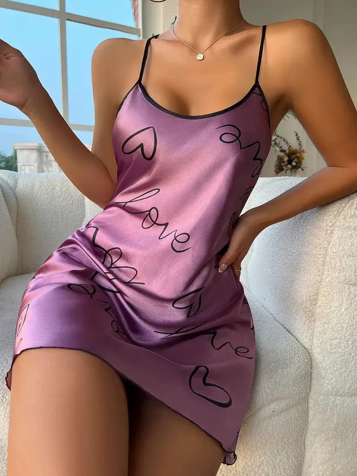 Coeur lettre impression chemise de nuit décontracté col rond Spaghetti sangle robe