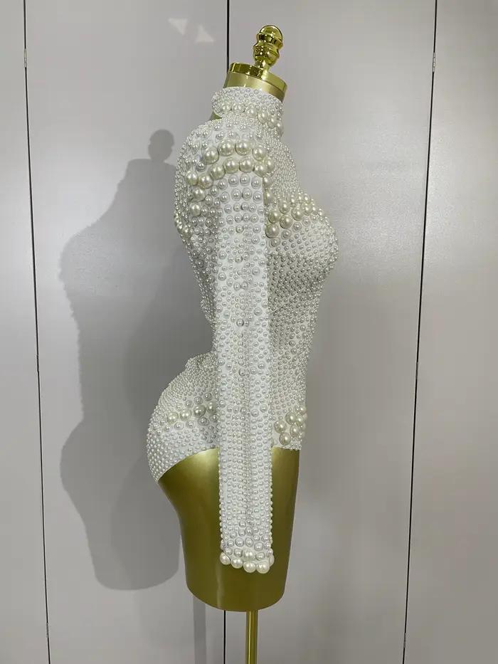 Body extensible de luxe blanc à manches longues avec perles pour femmes, tenue de soirée d'anniversaire, de célébration, de spectacle DJ, de discothèque, de scène