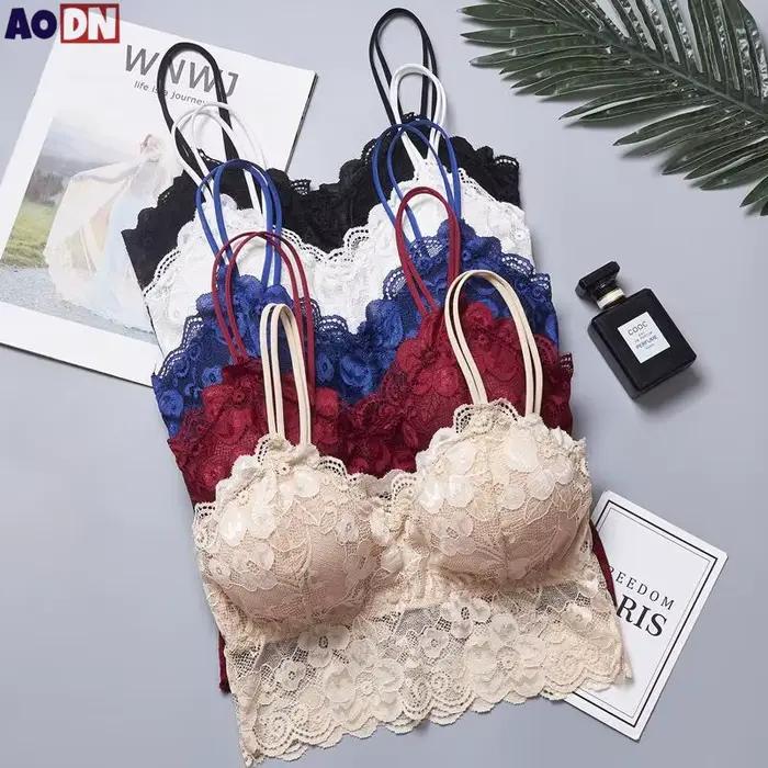 Bralette en dentelle florale pour femme – Crop top en dentelle festonnée à double bretelles avec bonnets rembourrés, caraco en dentelle transparente pour lingerie et usage quotidien