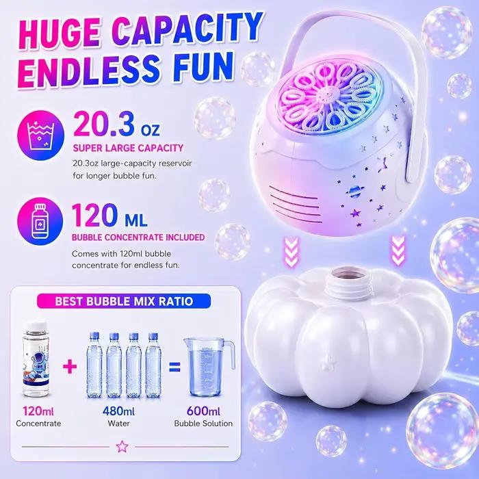 Machine à bulles pour enfants, projecteur d'étoiles avec 7 lumières nocturnes, plus de 30 000 bulles, souffleur de bulles électrique de grande capacité 600 ml, jouet pour anniversaire