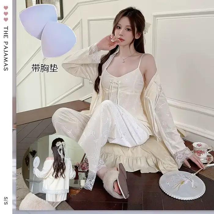 Automne hiver mignon flanelle pyjama ensemble nouveau Beige maison élégant vêtements de nuit sexy Pijamas costume ample