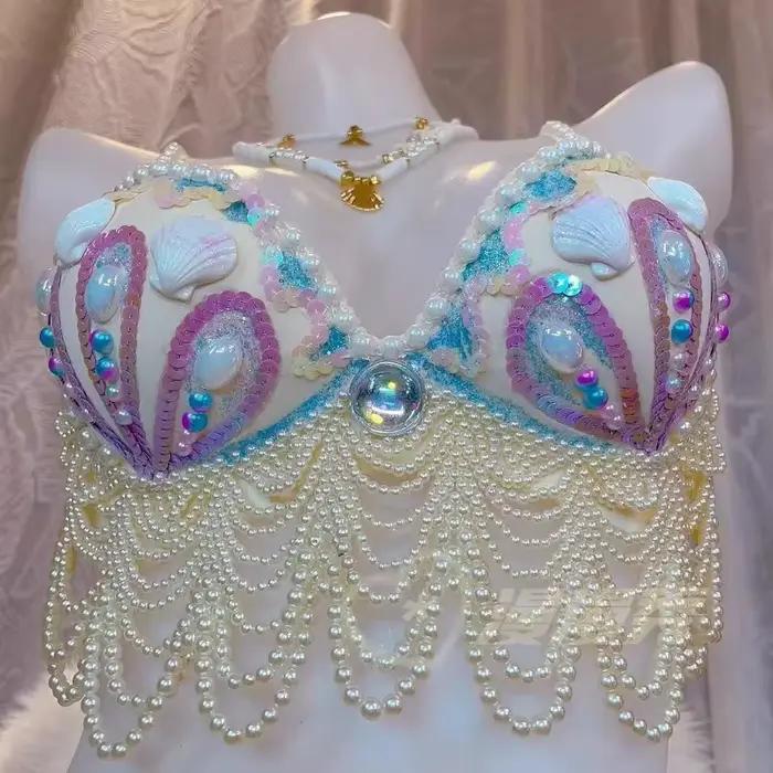 customized sparkling iridescent sequin shell bra pearl chain tassel pool party bra beach vacation pearl jacket belly dance bras