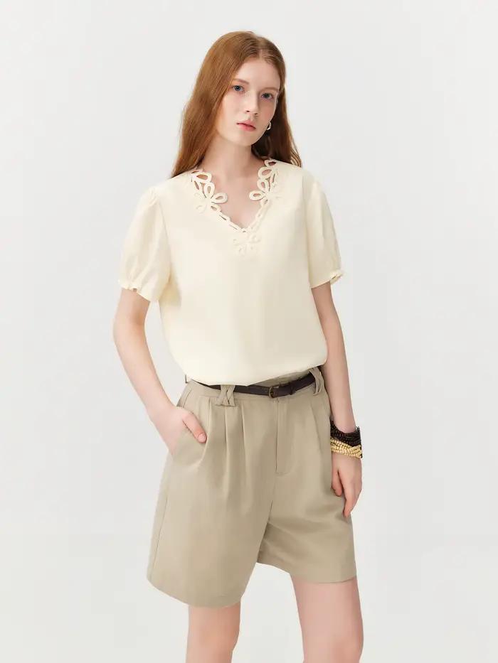 FSLE 2026 Blouse d'été pour femme à col en V français et manches bouffantes