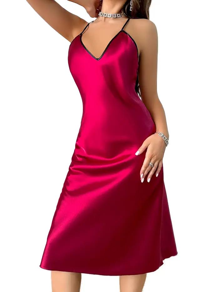 Robe de nuit élégante pour femme, col en V, sexy, rouge, confortable, longue, pour mariée et usage quotidien