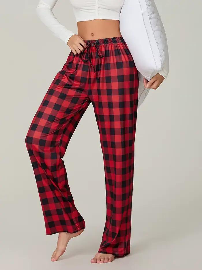 Bas de pyjama à carreaux rouges pour femmes, avec poches, cordon de serrage, pantalon de nuit, ample, extensible, vêtements de nuit